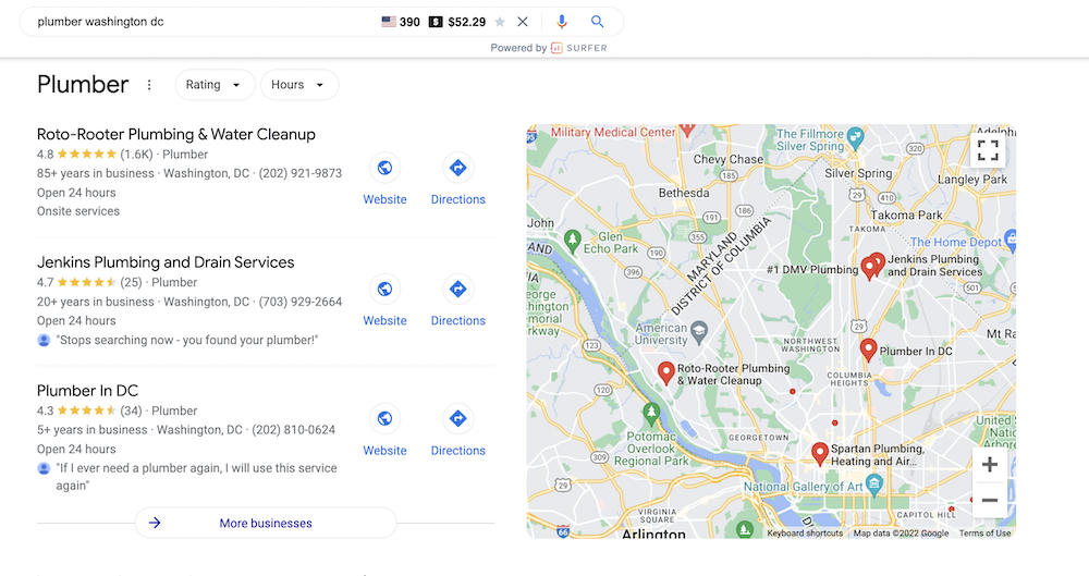 below the ads on the search engine results page for the search query, "plumber washington dc" is the 3 pack map listing, featuring average ratings and reviews.