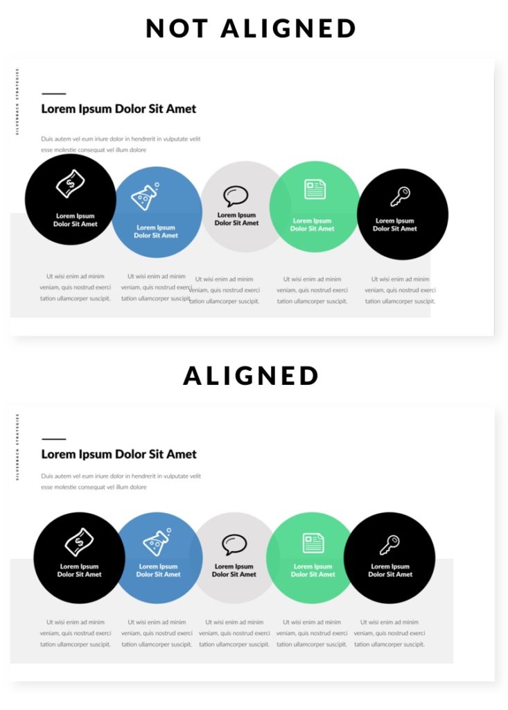 before and after example comparing a slide deck page with elements that are not aligned to a slide deck with images, icons and copy aligned and visually appealing