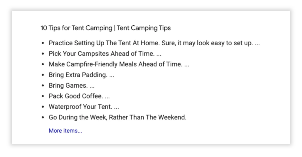 SERP featured snippet for "camping tips"