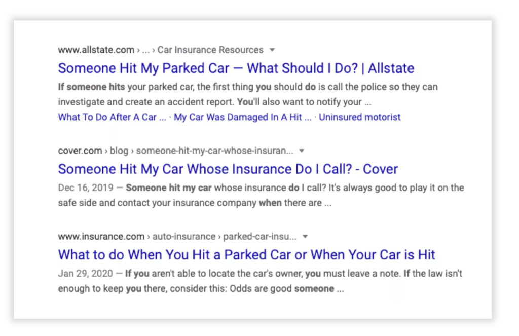 SERP for the keyword "what to do if someone hits your car"