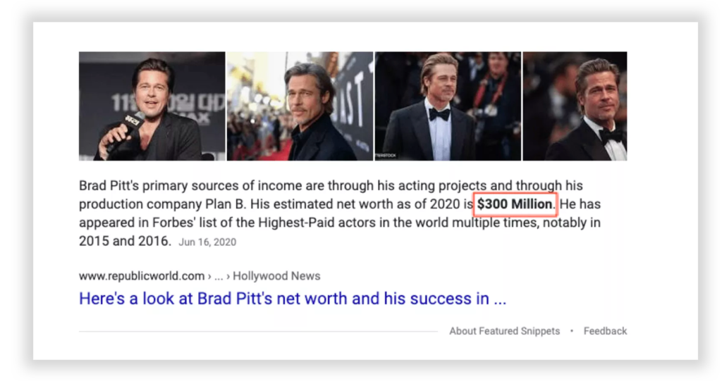 Google displays brad pitt's net worth at the top of the SERP
