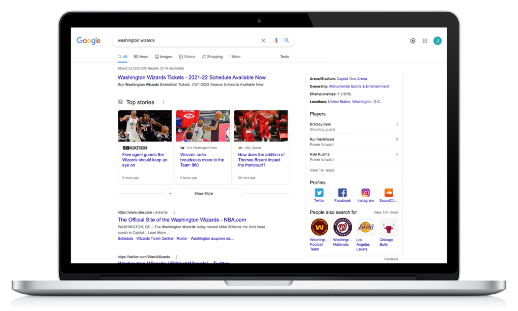 SERP for "washington wizards"