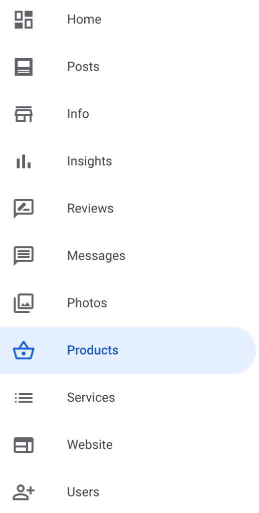 Image of where to find "Product" on the Google My Business navigation.
