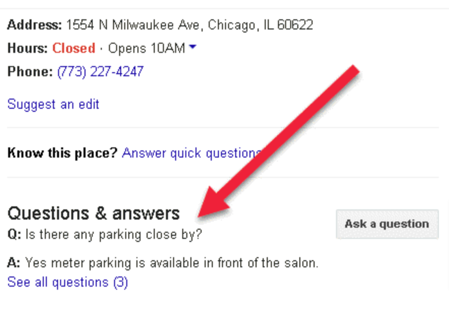 Example of how a business used the Q&A feature to answer "Is there any parking close by?" 