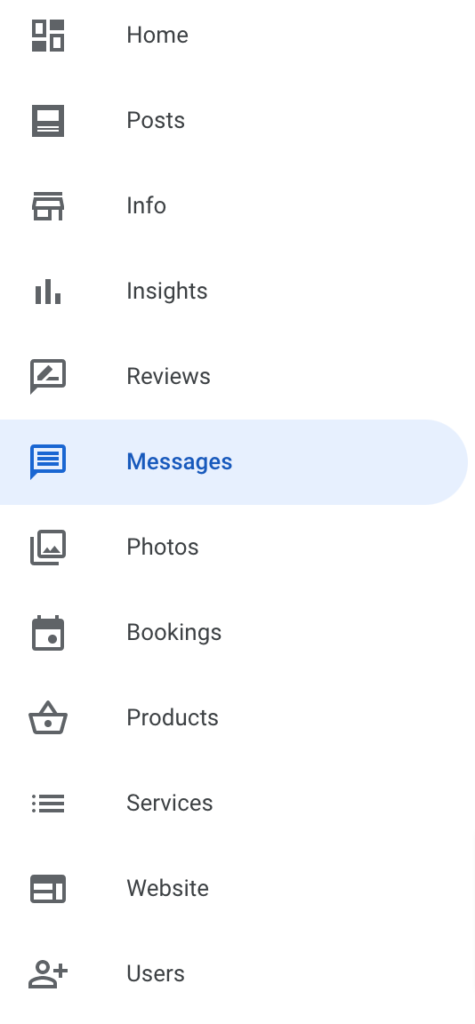 Example of where to find "Messages" in the Google My Business navigation.