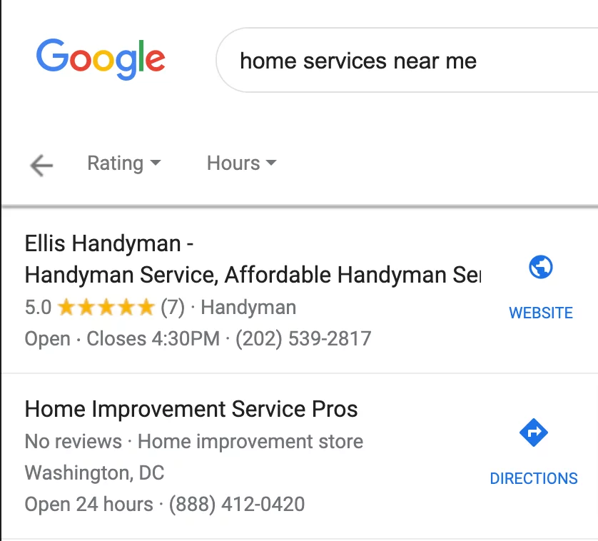 Example of how the star rating system can help home services businesses stand out. In the results, one listing has 5 stars while the other has none, which creates visual contrast.