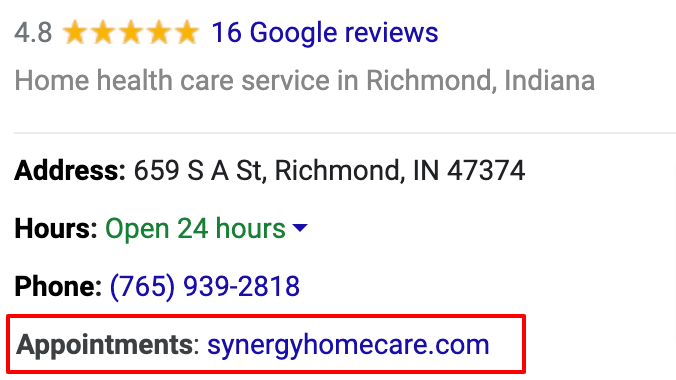 Example of a "book appointment" call-to-action in a Google My Business listing