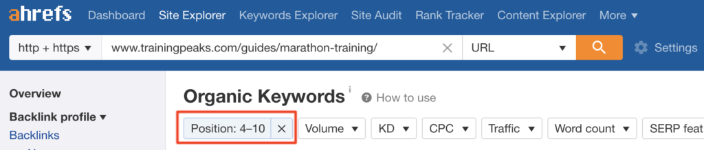 TrainingPeak.com’s page on “The Complete Marathon Training Guide” ranks in positions four through 10 for 46 keywords, with a total search volume of 35,940 searches per month.