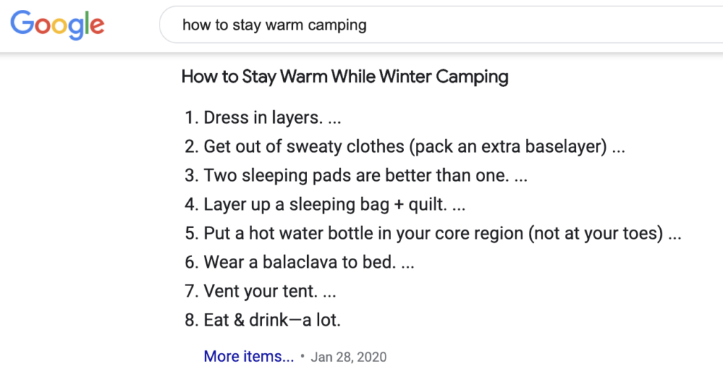 Screen shot of the SERP featured snippet for "how to stay warm camping" which includes a numbered list