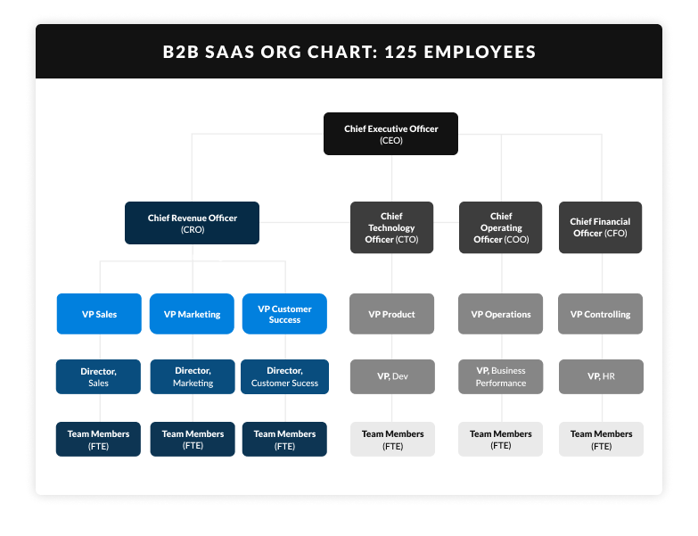 B2B SaaS org chart for a company ~125 employees