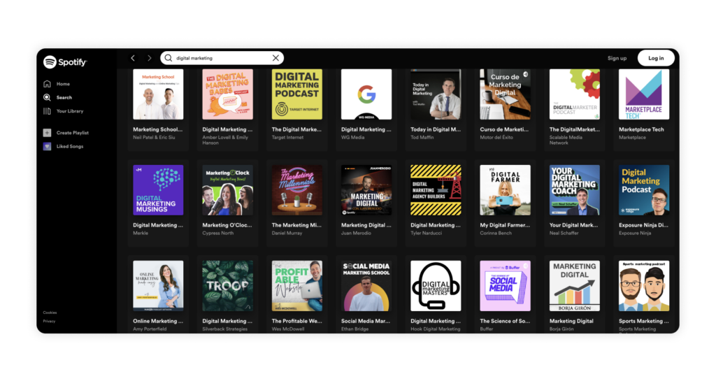 results of using the search bar in Spotify podcasts for the term "digital marketing"