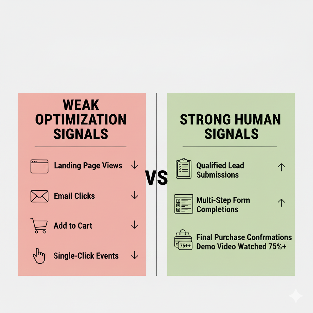 Comparison table showing weak optimization goals (e.g., Page Views) versus bot-resistant, high-intent goals (e.g., Qualified Leads) for AI-driven ad campaigns.