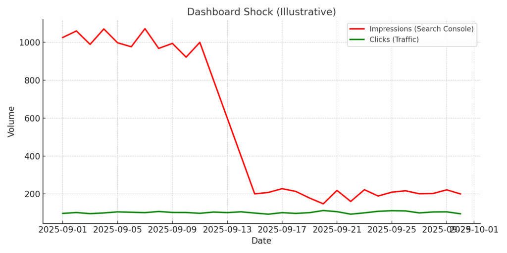 Reporting anomalies can mislead: while impressions in Google Search Console fell sharply after the change, actual clicks to the site remained stable.