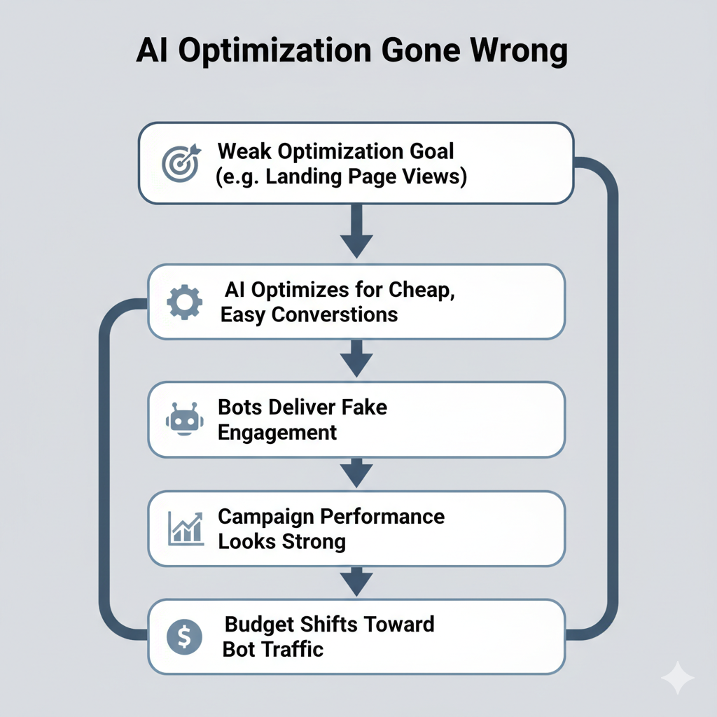 Flowchart illustrating how weak campaign goals lead to AI optimizing for bot traffic.