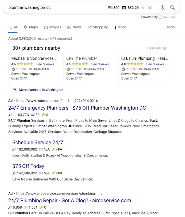 Top of the search engine results page for the search query, plumber washington dc the results include both the local home services ads and regular paid ads.